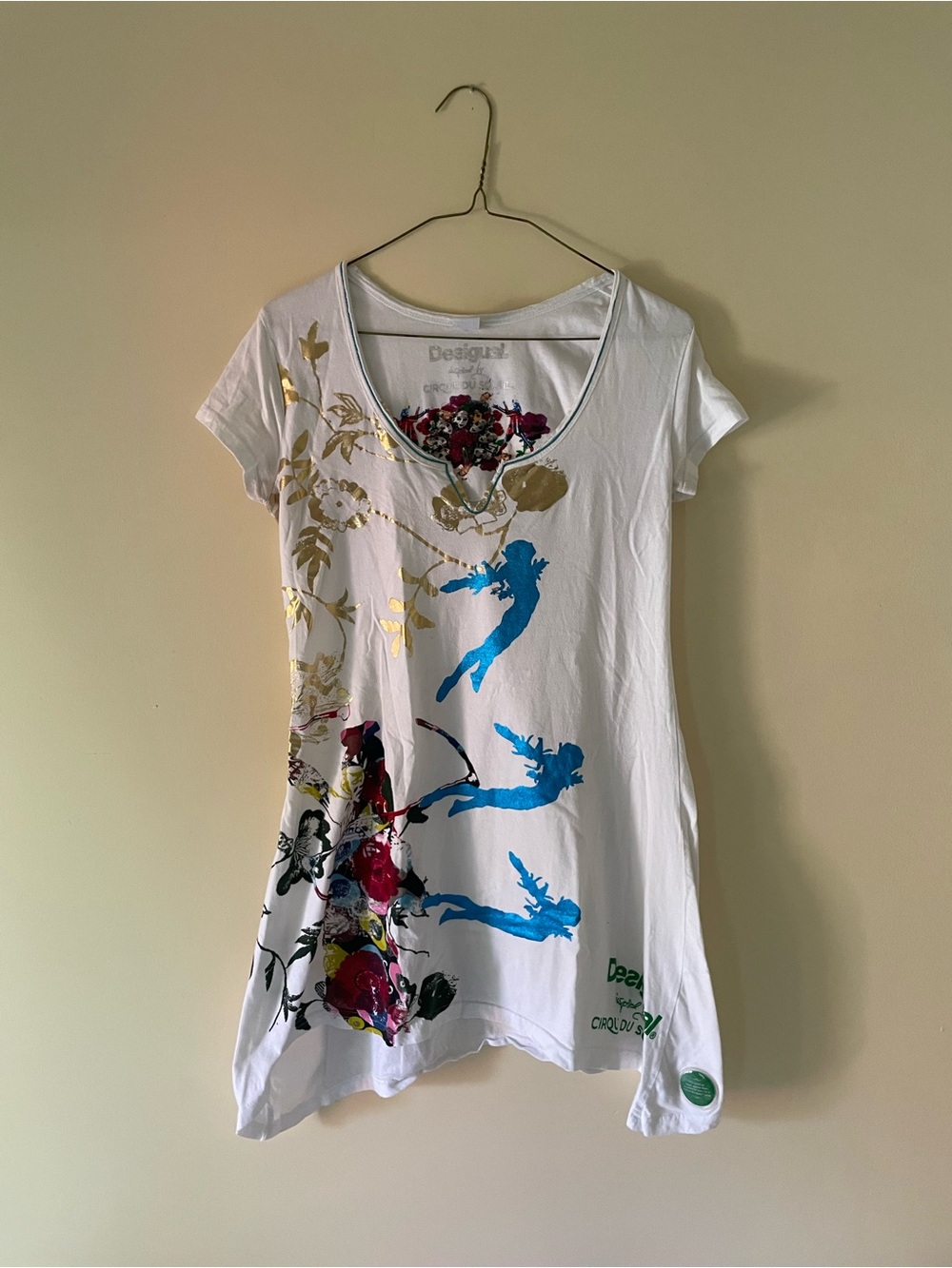 Desigual White Tee with Blue Angel Silhouettes and Gold Accents